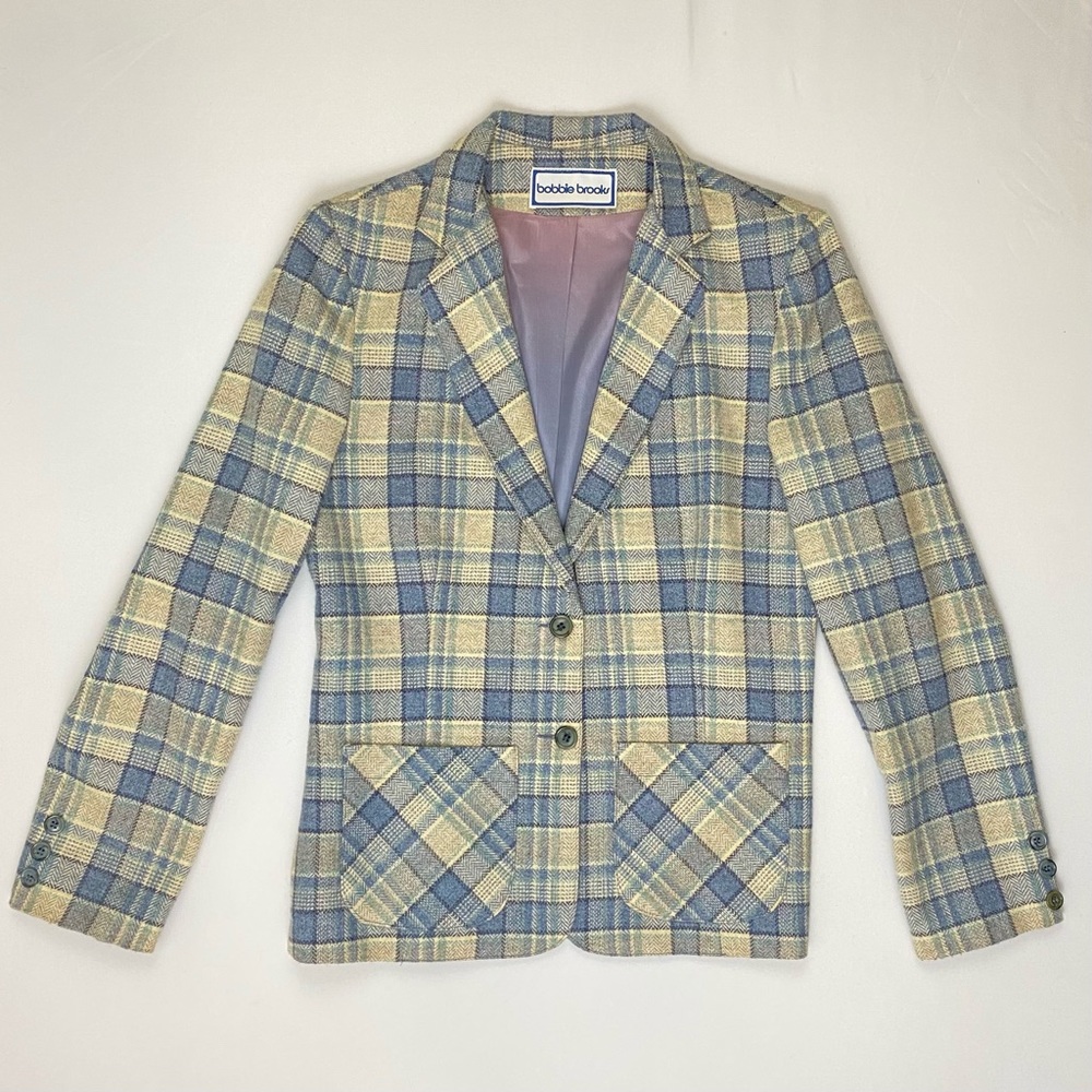 1970s Bobbie Brooks Plaid Blue and Cream Vintage Blazer. Petite/Juniors 10.